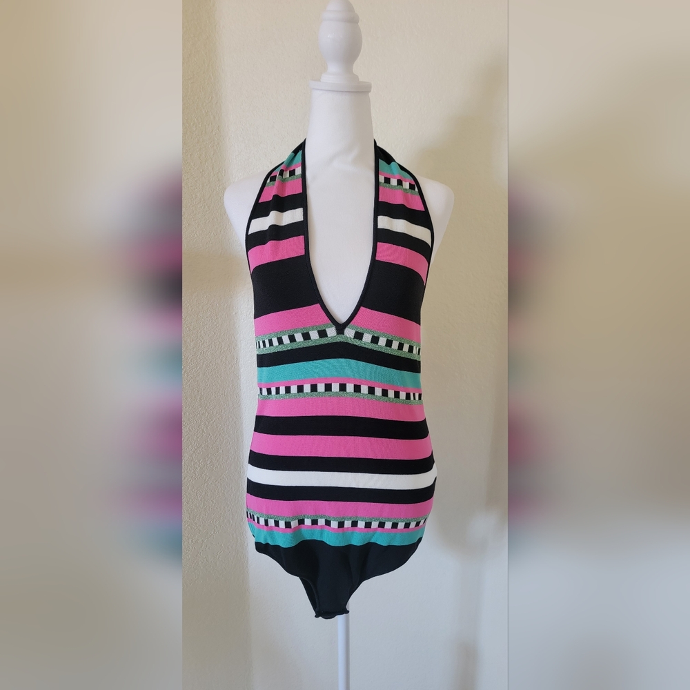 Striped Halter Top in Pink, Black, and Teal